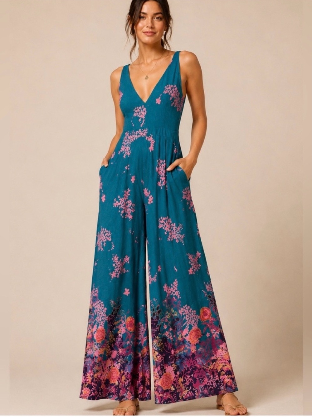 Maeve Teal Floral V-Neck Wide-Leg Jumpsuit | Size 6 - Picture 6 of 6